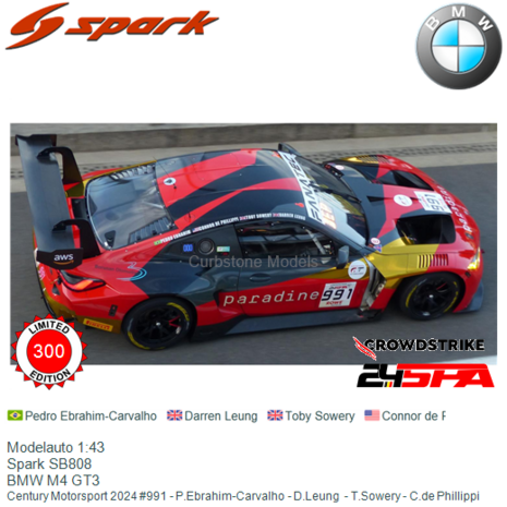 Modelauto 1:43 | Spark SB808 | BMW M4 GT3 | Century Motorsport 2024 #991 - P.Ebrahim-Carvalho - D.Leung  - T.Sowery - C.de Phil