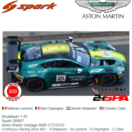 Modelauto 1:43 | Spark SB807 | Aston Martin Vantage AMR GT3 EVO | Comtoyou Racing 2024 #21 - X.Maassen - M.Lismont - S.Dejonghe