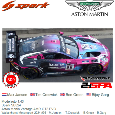 Modelauto 1:43 | Spark SB824 | Aston Martin Vantage AMR GT3 EVO | Walkenhorst Motorsport 2024 #36 - M.Jansen  - T.Creswick  - B