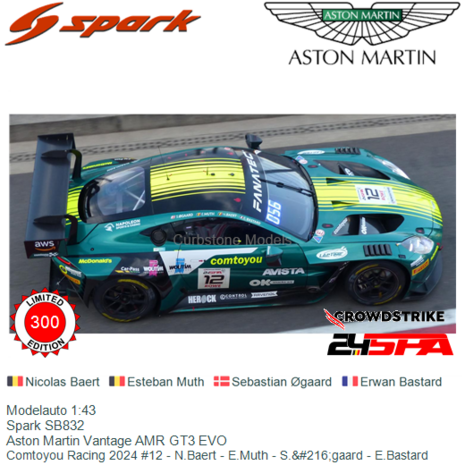 Modelauto 1:43 | Spark SB832 | Aston Martin Vantage AMR GT3 EVO | Comtoyou Racing 2024 #12 - N.Baert - E.Muth - S.&#216;gaa