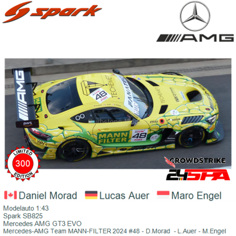 Modelauto 1:43 | Spark SB825 | Mercedes AMG GT3 EVO | Mercedes-AMG Team MANN-FILTER 2024 #48 - D.Morad  - L.Auer - M.Engel