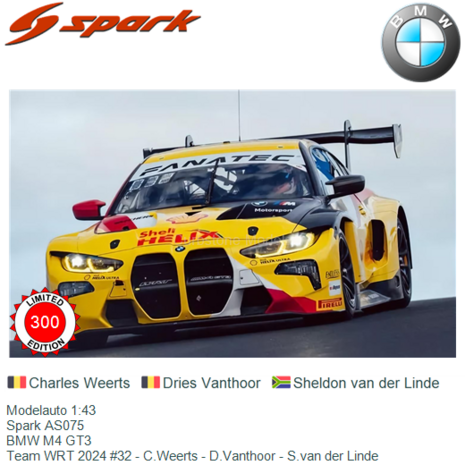 Modelauto 1:43 | Spark AS075 | BMW M4 GT3 | Team WRT 2024 #32 - C.Weerts - D.Vanthoor - S.van der Linde