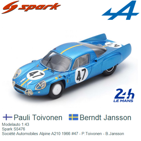 Modelauto 1:43 | Spark S5476 | Société Automobiles Alpine A210 1966 #47 - P.Toivonen - B.Jansson