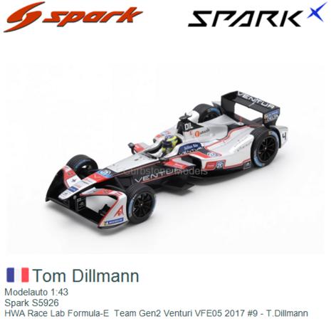 Modelauto 1:43 | Spark S5926 | HWA Race Lab Formula-E  Team Gen2 Venturi VFE05 2017 #9 - T.Dillmann