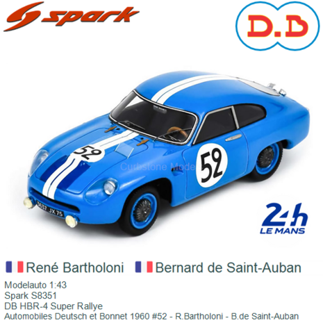 Modelauto 1:43 | Spark S8351 | DB HBR-4 Super Rallye | Automobiles Deutsch et Bonnet 1960 #52 - R.Bartholoni - B.de Saint-Auban