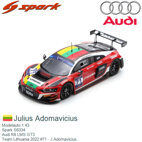 Modelauto 1:43 | Spark S6334 | Audi R8 LMS GT3 | Team Lithuania 2022 #71 - J.Adomavicius