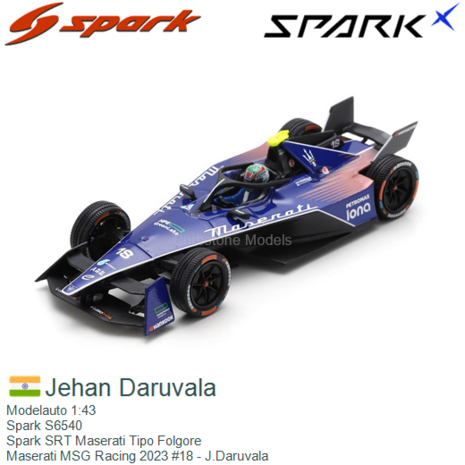 Modelauto 1:43 | Spark S6540 | Spark SRT Maserati Tipo Folgore | Maserati MSG Racing 2023 #18 - J.Daruvala 