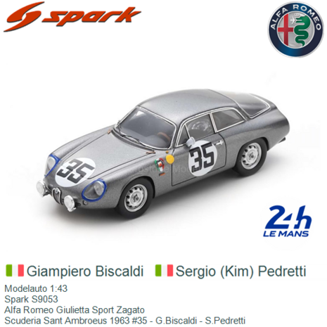 Modelauto 1:43 | Spark S9053 | Alfa Romeo Giulietta Sport Zagato | Scuderia Sant Ambroeus 1963 #35 - G.Biscaldi - S.Pedretti