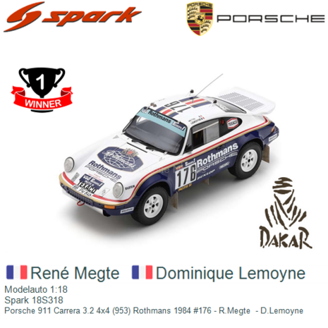 Modelauto 1:18 | Spark 18S318 | Porsche 911 Carrera 3.2 4x4 (953) Rothmans 1984 #176 - R.Megte  - D.Lemoyne