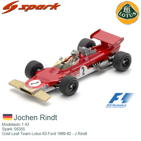 Modelauto 1:43 | Spark S6355 | Gold Leaf Team Lotus 63 Ford 1969 #2 - J.Rindt