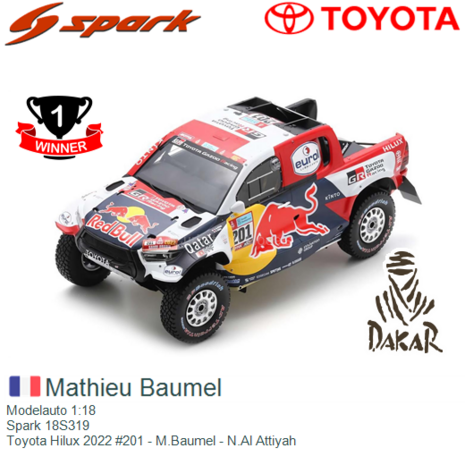 Modelauto 1:18 | Spark 18S319 | Toyota Hilux 2022 #201 - M.Baumel - N.Al Attiyah