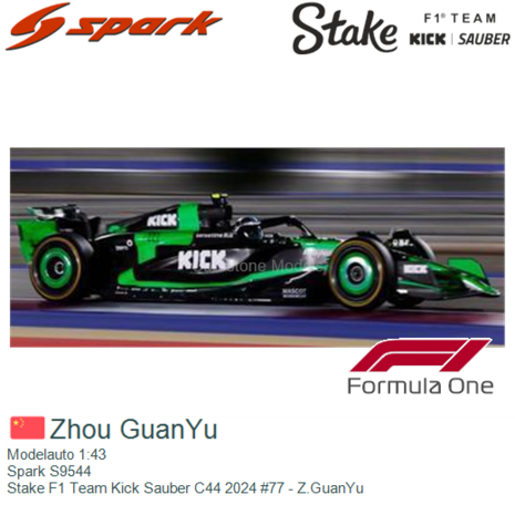 Modelauto 1:43 | Spark S9544 | Stake F1 Team Kick Sauber C44 2024 #77 - Z.GuanYu