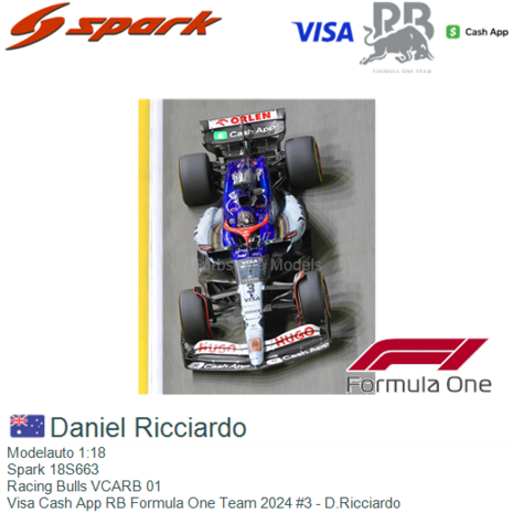 Modelauto 1:18 | Spark 18S663 | Racing Bulls VCARB 01 | Visa Cash App RB Formula One Team 2024 #3 - D.Ricciardo