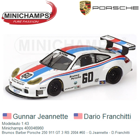 Modelauto 1:43 | Minichamps 400046960 | Brumos Barber Porsche 250 911 GT 3 RS 2004 #60 - G.Jeannette - D.Franchitti