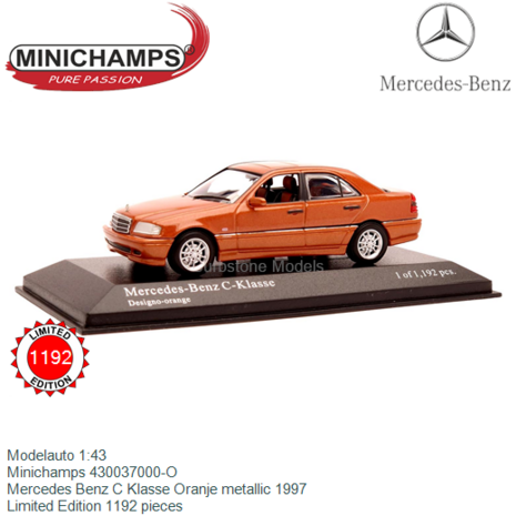 Modelauto 1:43 | Minichamps 430037000-O | Mercedes Benz C Klasse Oranje metallic 1997