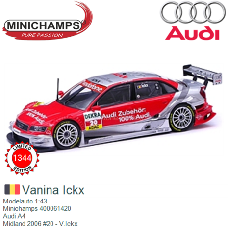 Modelauto 1:43 | Minichamps 400061420 | Audi A4 | Midland 2006 #20 - V.Ickx