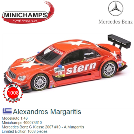 Modelauto 1:43 | Minichamps 400073610 | Mercedes Benz C Klasse 2007 #10 - A.Margaritis