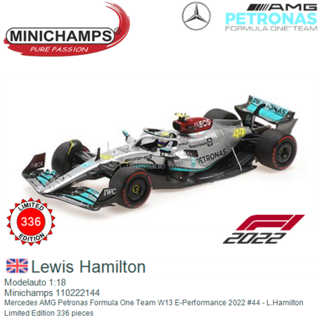 Modelauto 1:18 | Minichamps 110222144 | Mercedes AMG Petronas Formula One Team W13 E-Performance 2022 #44 - L.Hamilton