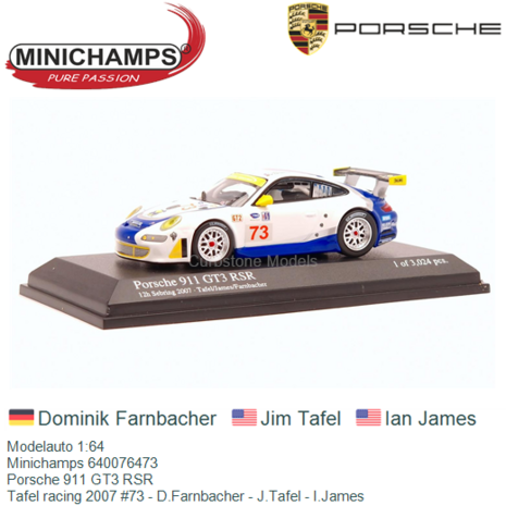 Modelauto 1:64 | Minichamps 640076473 | Porsche 911 GT3 RSR | Tafel racing 2007 #73 - D.Farnbacher - J.Tafel - I.James