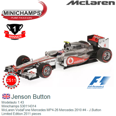 Modelauto 1:43 | Minichamps 530114314 | McLaren VodaFone Mercedes MP4-26 Mercedes 2010 #4 - J.Button