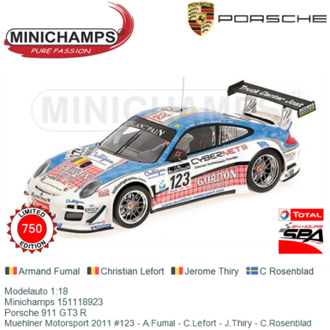 Modelauto 1:18 | Minichamps 151118923 | Porsche 911 GT3 R | Muehlner Motorsport 2011 #123 - A.Fumal - C.Lefort - J.Thiry - C.Ro