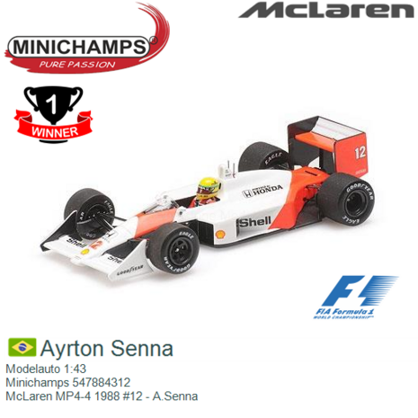 Modelauto 1:43 | Minichamps 547884312 | McLaren MP4-4 1988 #12 - A.Senna