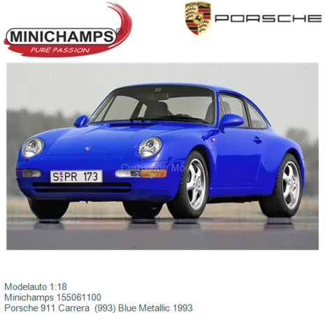 Modelauto 1:18 | Minichamps 155061100 | Porsche 911 Carrera  (993) Blue Metallic 1993