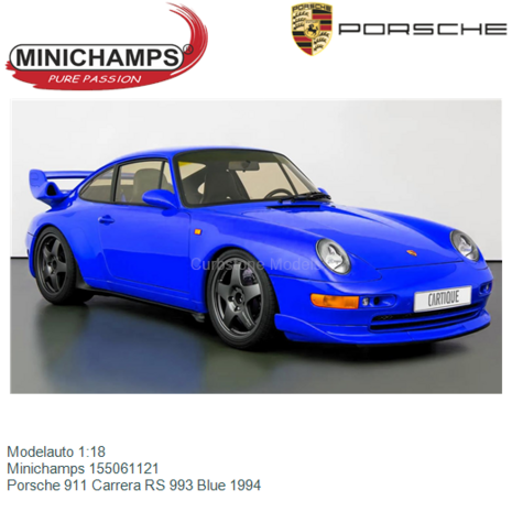 Modelauto 1:18 | Minichamps 155061121 | Porsche 911 Carrera RS 993 Blue 1994