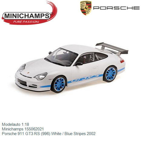 Modelauto 1:18 | Minichamps 155062021 | Porsche 911 GT3 RS (996) White / Blue Stripes 2002