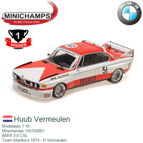 Modelauto 1:18 | Minichamps 155742651 | BMW 3.0 CSL | Team Marlboro 1974 - H.Vermeulen