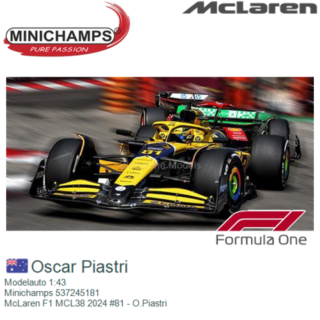 Modelauto 1:43 | Minichamps 537245181 | McLaren F1 MCL38 2024 #81 - O.Piastri