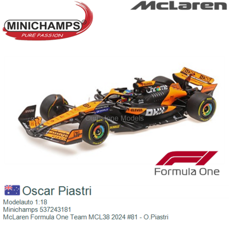 Modelauto 1:18 | Minichamps 537243181 | McLaren Formula One Team MCL38 2024 #81 - O.Piastri