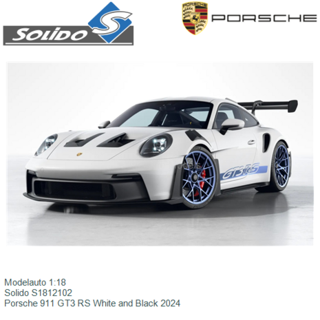 Modelauto 1:18 | Solido S1812102 | Porsche 911 GT3 RS White and Black 2024