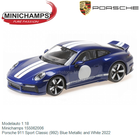 Modelauto 1:18 | Minichamps 155062006 | Porsche 911 Sport Classic (992) Blue Metallic and White 2022