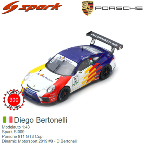 Modelauto 1:43 | Spark SI009 | Porsche 911 GT3 Cup | Dinamic Motorsport 2019 #8 - D.Bertonelli