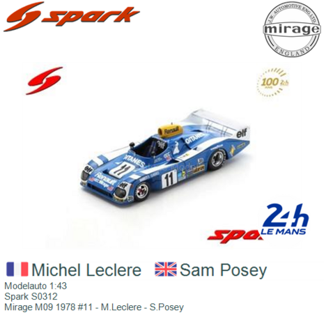 Modelauto 1:43 | Spark S0312 | Mirage M09 1978 #11 - M.Leclere - S.Posey