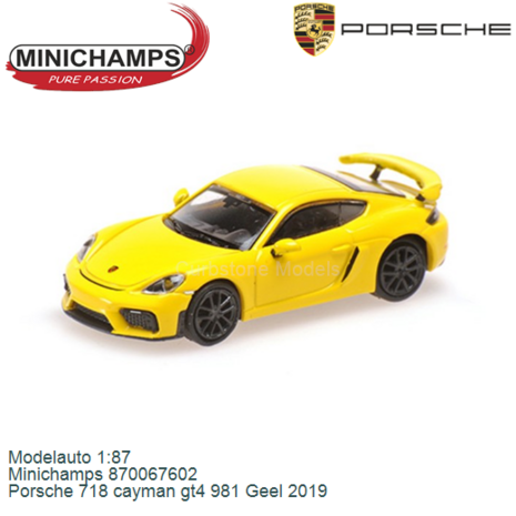 Modelauto 1:87 | Minichamps 870067602 | Porsche 718 cayman gt4 981 Geel 2019