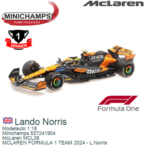 Modelauto 1:18 | Minichamps 537241904 | McLaren MCL38 | MCLAREN FORMULA 1 TEAM 2024 - L.Norris