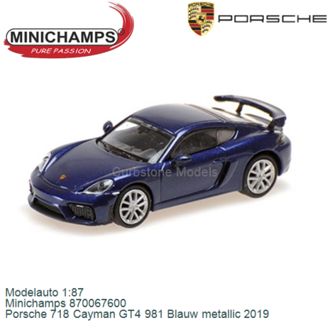 Modelauto 1:87 | Minichamps 870067600 | Porsche 718 Cayman GT4 981 Blauw metallic 2019