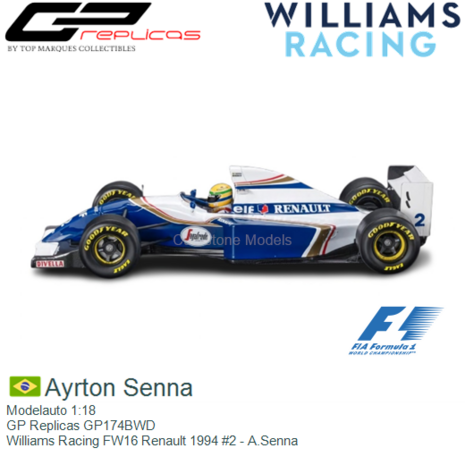 Modelauto 1:18 | GP Replicas GP174BWD | Williams Racing FW16 Renault 1994 #2 - A.Senna