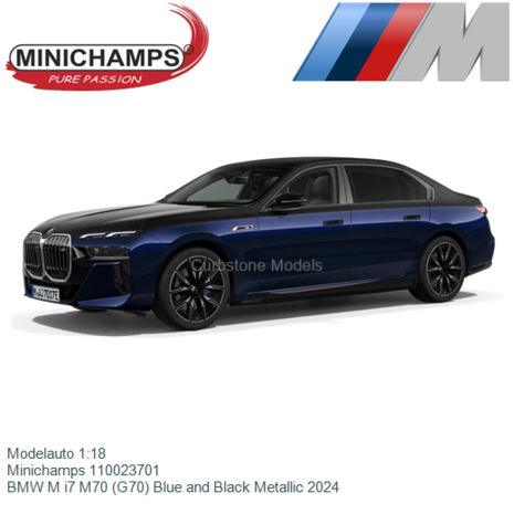 Modelauto 1:18 | Minichamps 110023701 | BMW M i7 M70 (G70) Blue and Black Metallic 2024