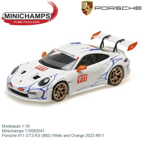 Modelauto 1:18 | Minichamps 110062041 | Porsche 911 GT3 RS (992) White and Orange 2023 #911