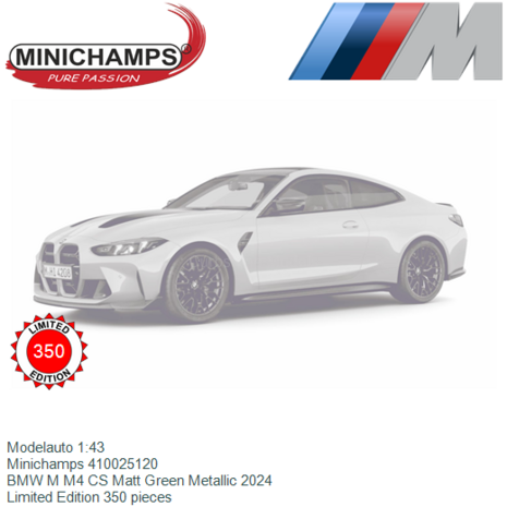 Modelauto 1:43 | Minichamps 410025120 | BMW M M4 CS Matt Green Metallic 2024