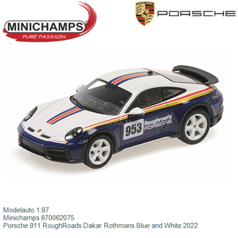 Modelauto 1:87 | Minichamps 870062075 | Porsche 911 RoughRoads Dakar Rothmans Blue and White 2022