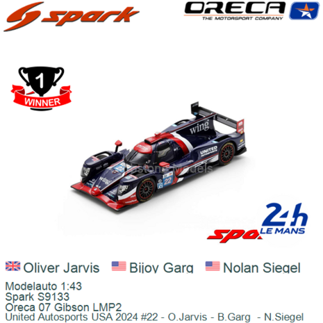 Modelauto 1:43 | Spark S9133 | Oreca 07 Gibson LMP2 | United Autosports USA 2024 #22 - O.Jarvis - B.Garg  - N.Siegel 