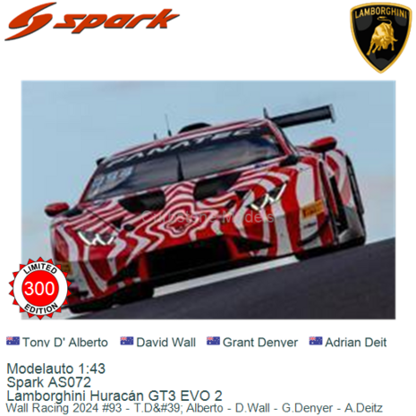 Modelauto 1:43 | Spark AS072 | Lamborghini Huracán GT3 EVO 2 | Wall Racing 2024 #93 - T.D&#39; Alberto - D.Wall - G.De