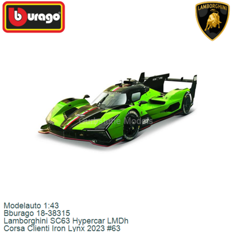 Modelauto 1:43 | Bburago 18-38315 | Lamborghini SC63 Hypercar LMDh | Corsa Clienti Iron Lynx 2023 #63