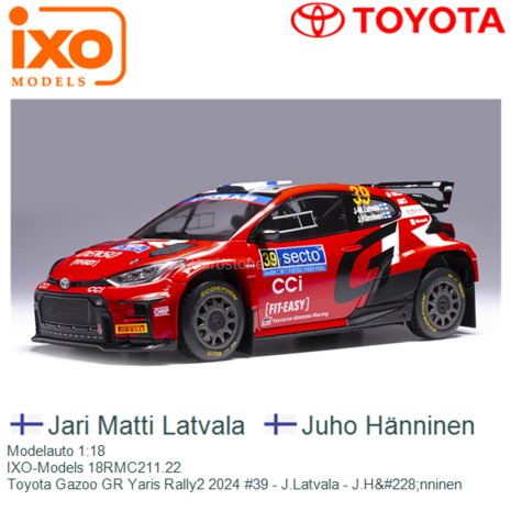 Modelauto 1:18 | IXO-Models 18RMC211.22 | Toyota Gazoo GR Yaris Rally2 2024 #39 - J.Latvala - J.H&#228;nninen