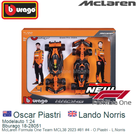 Modelauto 1:24 | Bburago 18-28051 | McLaren Formula One Team MCL38 2023 #81 #4 - O.Piastri - L.Norris