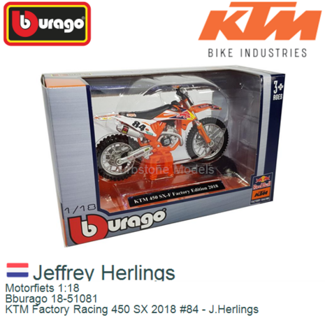 Motorfiets 1:18 | Bburago 18-51081 | KTM Factory Racing 450 SX 2018 #84 - J.Herlings